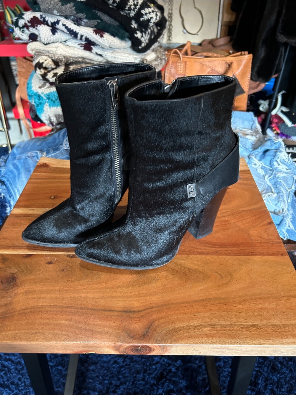 Hide Fur Black Pointed-Toe Heeled Ankle Boots with Side Zip